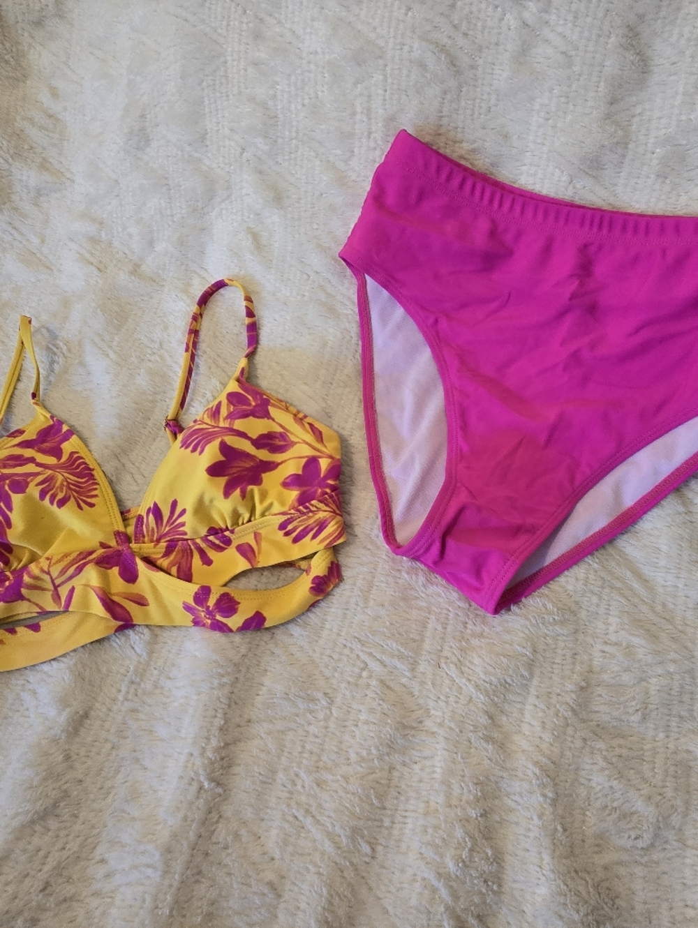 BCBG Yellow Floral & Hot Pink Two-Piece Swim Set